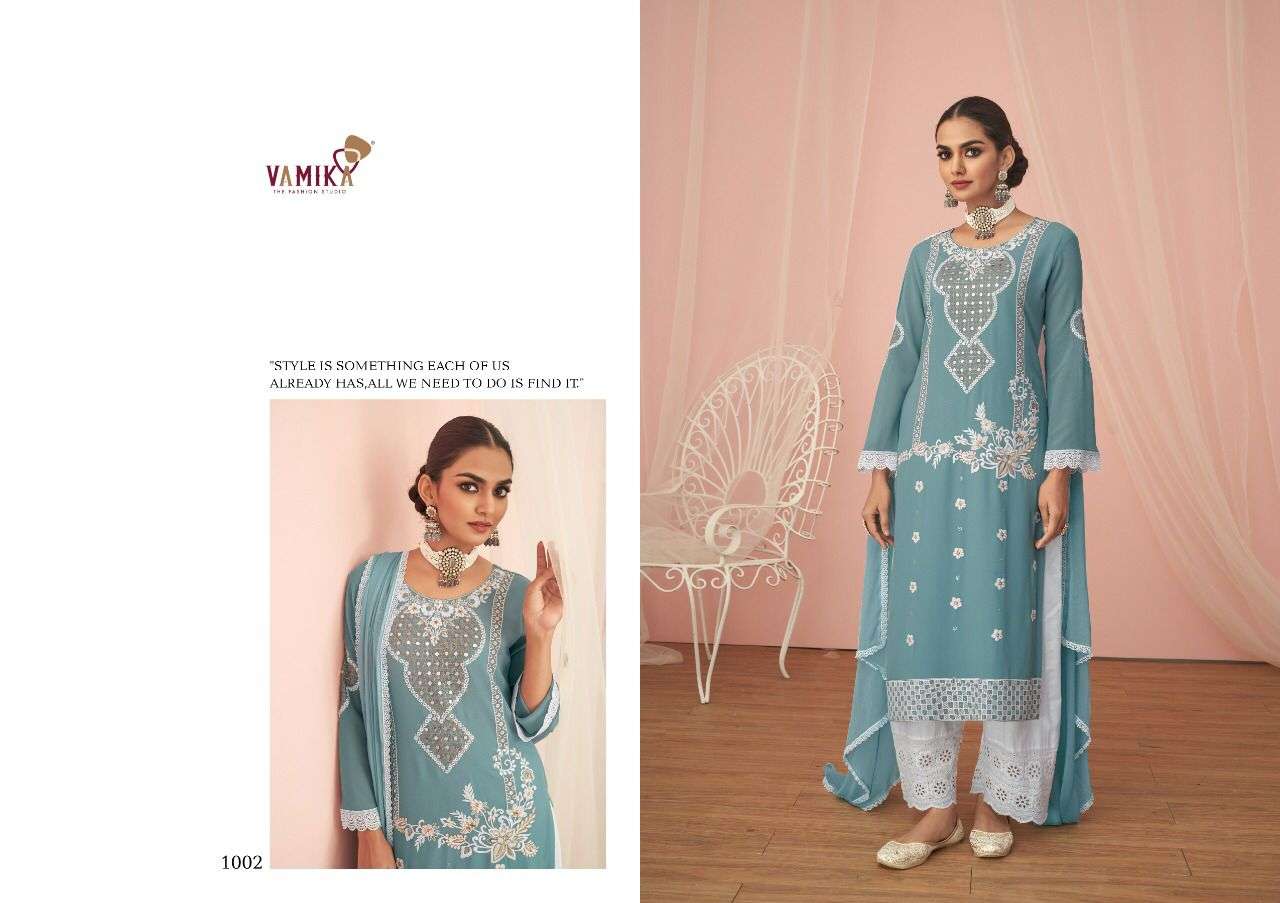Vamika-noor-fabric-georgette-embroidery-work-straight Line- Kurti- Pure Cotton-Lycra-pant-nazmin-4 Side Border-less-dupatta-1002-c